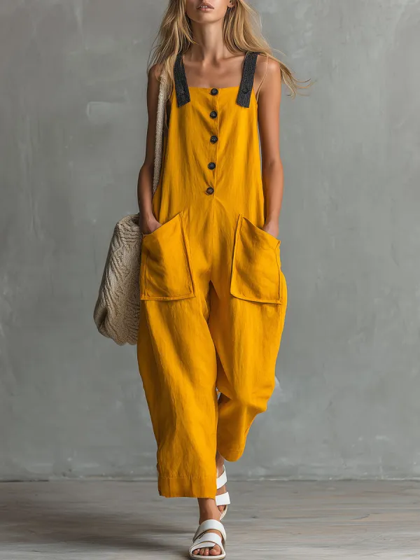 Casual Retro Color-blocked Yellow Sleeveless Button Cotton-linen Jumpsuit made by Oyrosy
