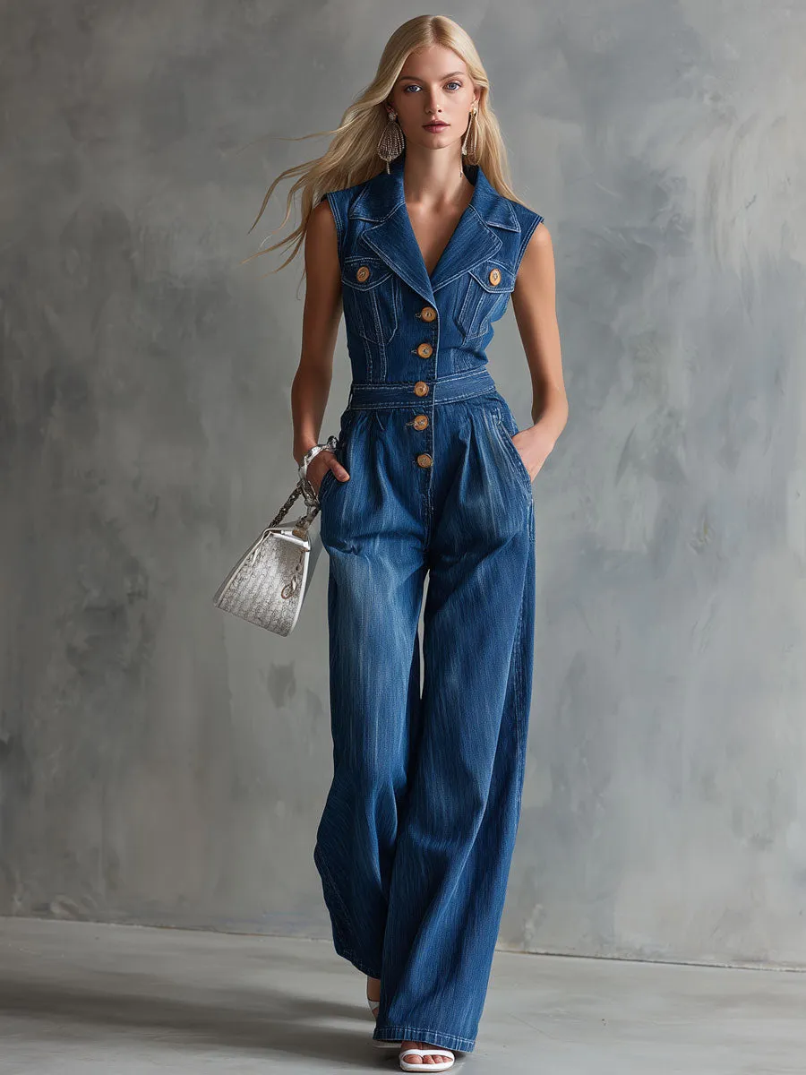 Retro Blue Collared Button Sleeveless Washed Denim Jumpsuit sold by Oyrosy product image thumbnail 2