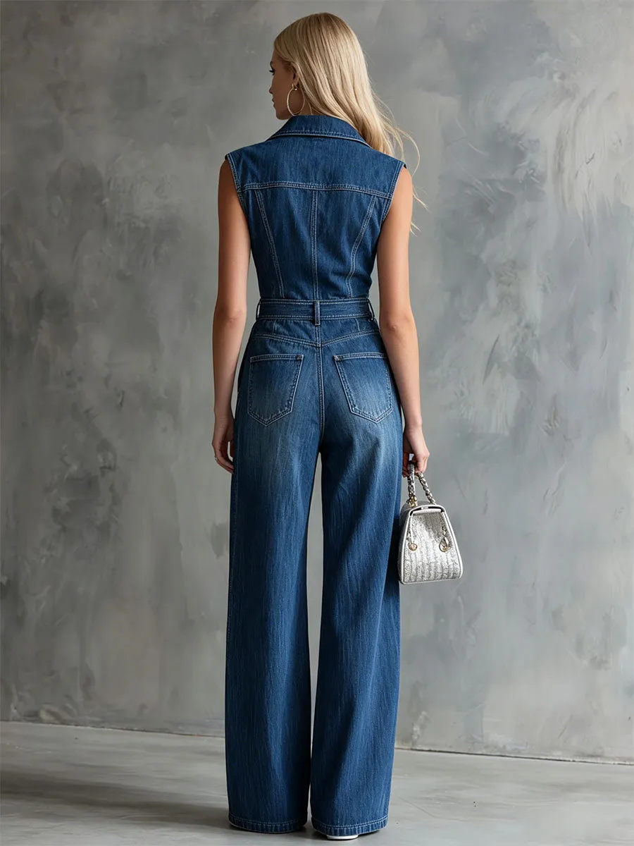 Retro Blue Collared Button Sleeveless Washed Denim Jumpsuit sold by Oyrosy product image thumbnail 3