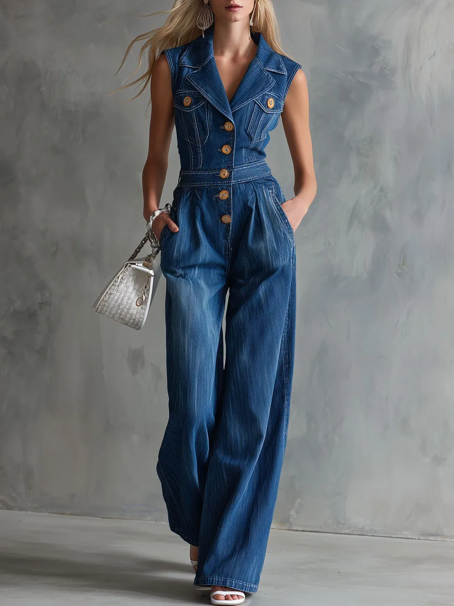 Retro Blue Collared Button Sleeveless Washed Denim Jumpsuit sold by Oyrosy