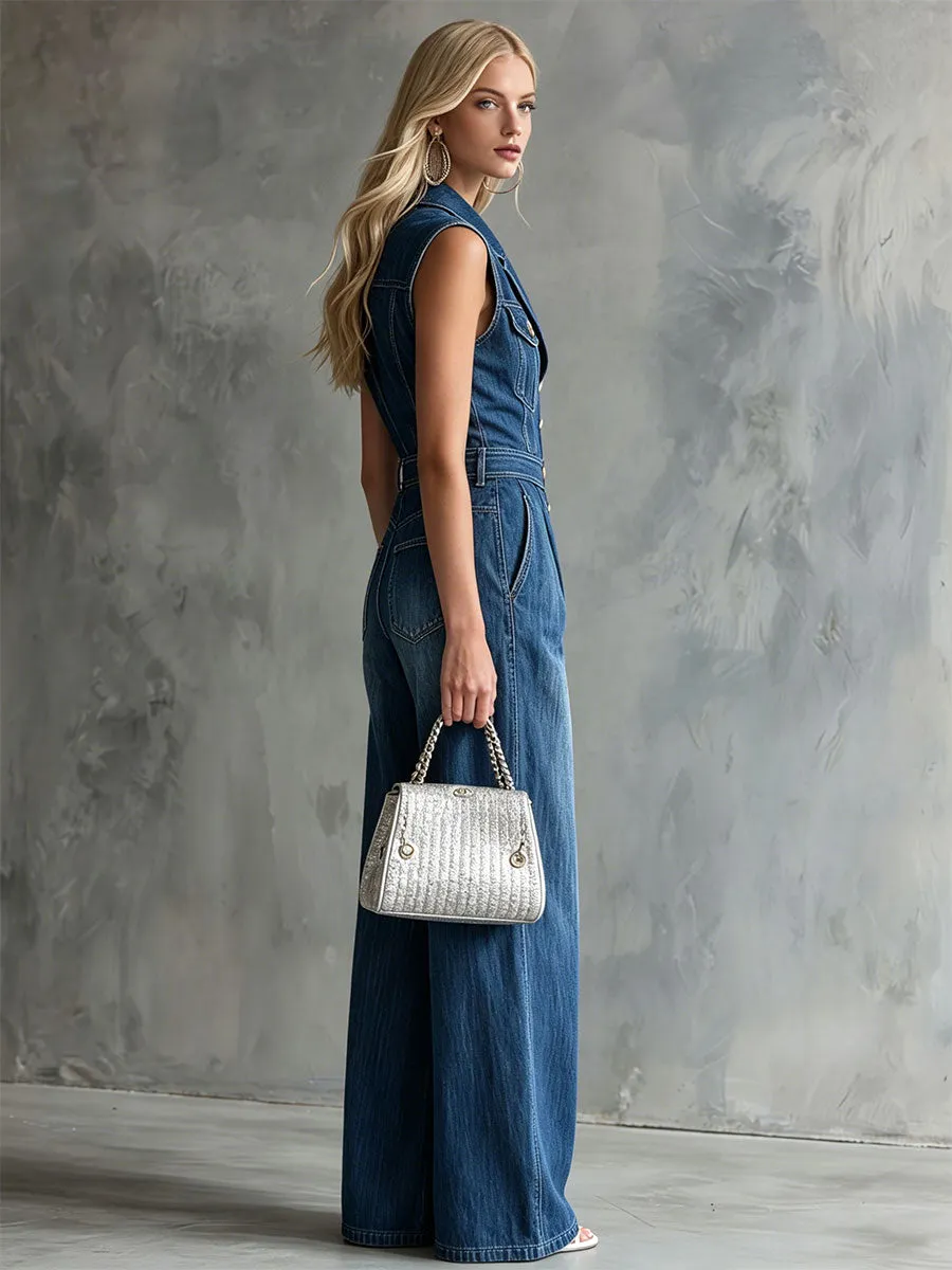 Retro Blue Collared Button Sleeveless Washed Denim Jumpsuit sold by Oyrosy product image thumbnail 4