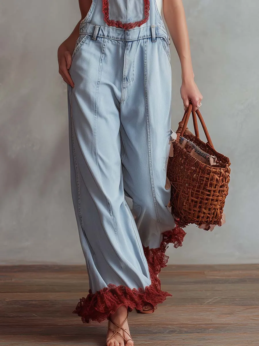 Vintage Casual Lace Trim Light Blue Washed Denim Overalls Jumpsuit sold by Oyrosy product image thumbnail 4