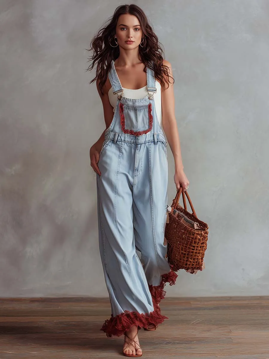 Vintage Casual Lace Trim Light Blue Washed Denim Overalls Jumpsuit sold by Oyrosy product image thumbnail 2