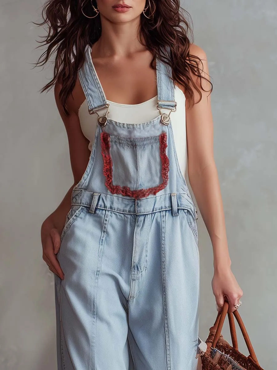 Vintage Casual Lace Trim Light Blue Washed Denim Overalls Jumpsuit sold by Oyrosy product image thumbnail 3