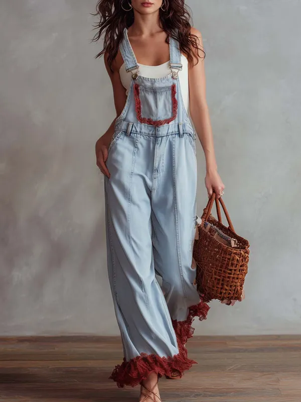 Vintage Casual Lace Trim Light Blue Washed Denim Overalls Jumpsuit made by Oyrosy