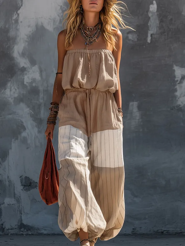 Elegant Casual Khaki Strapless Top And Striped Wide-Leg Pants Cotton-Linen Set made by Oyrosy