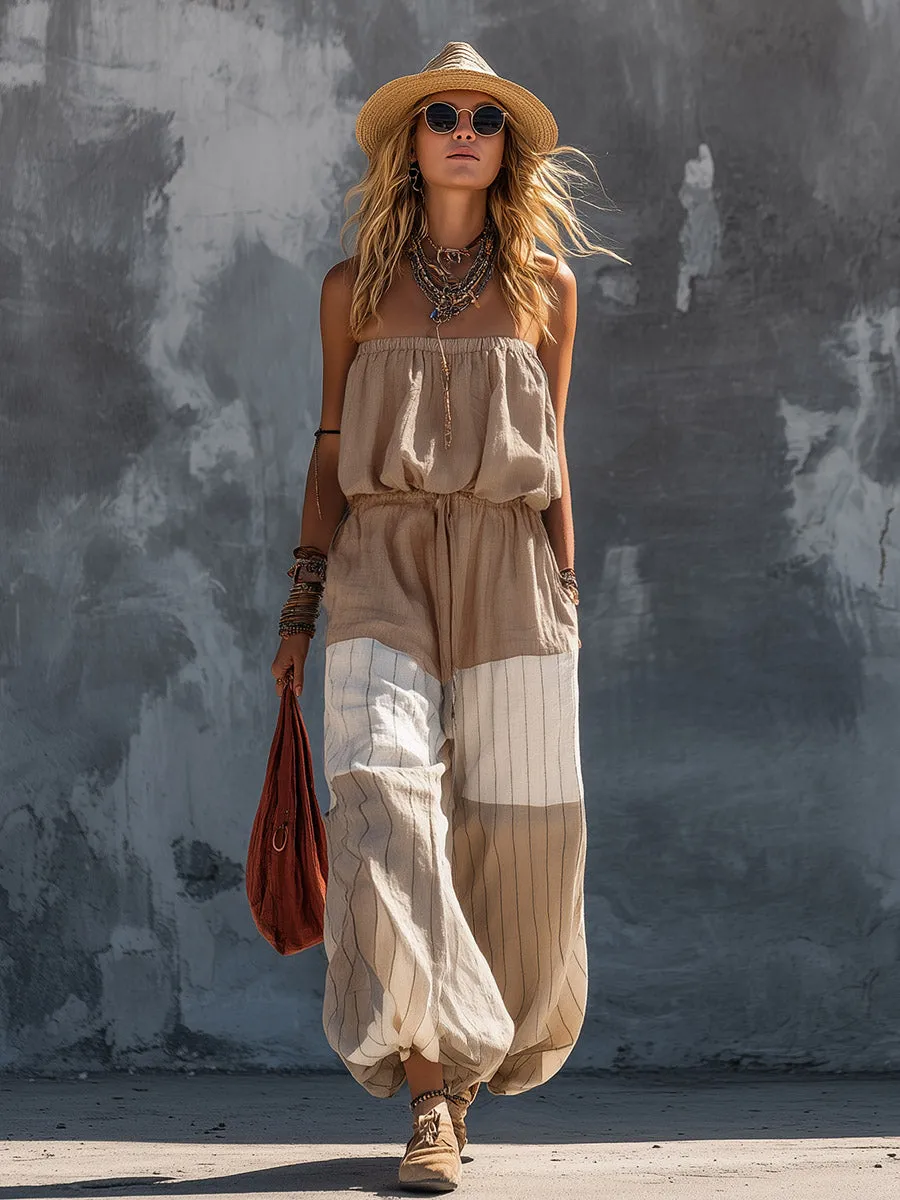 Elegant Casual Khaki Strapless Top And Striped Wide-Leg Pants Cotton-Linen Set sold by Oyrosy product image thumbnail 2