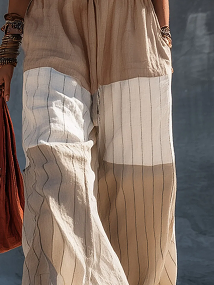 Elegant Casual Khaki Strapless Top And Striped Wide-Leg Pants Cotton-Linen Set sold by Oyrosy product image thumbnail 4