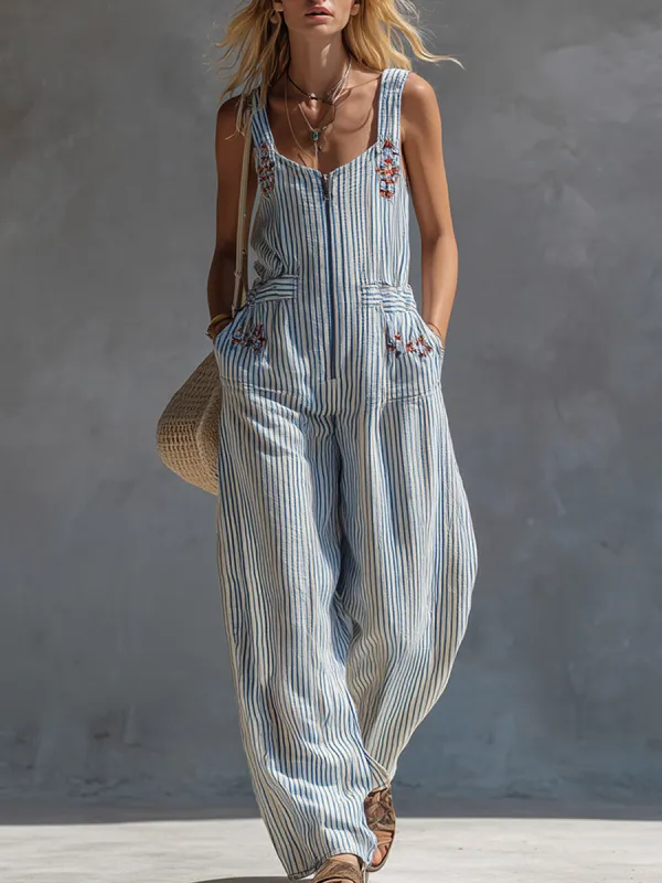 Casual Retro Red-Embroidered Blue-Striped Square-Neck Cotton-Linen Jumpsuit made by Oyrosy