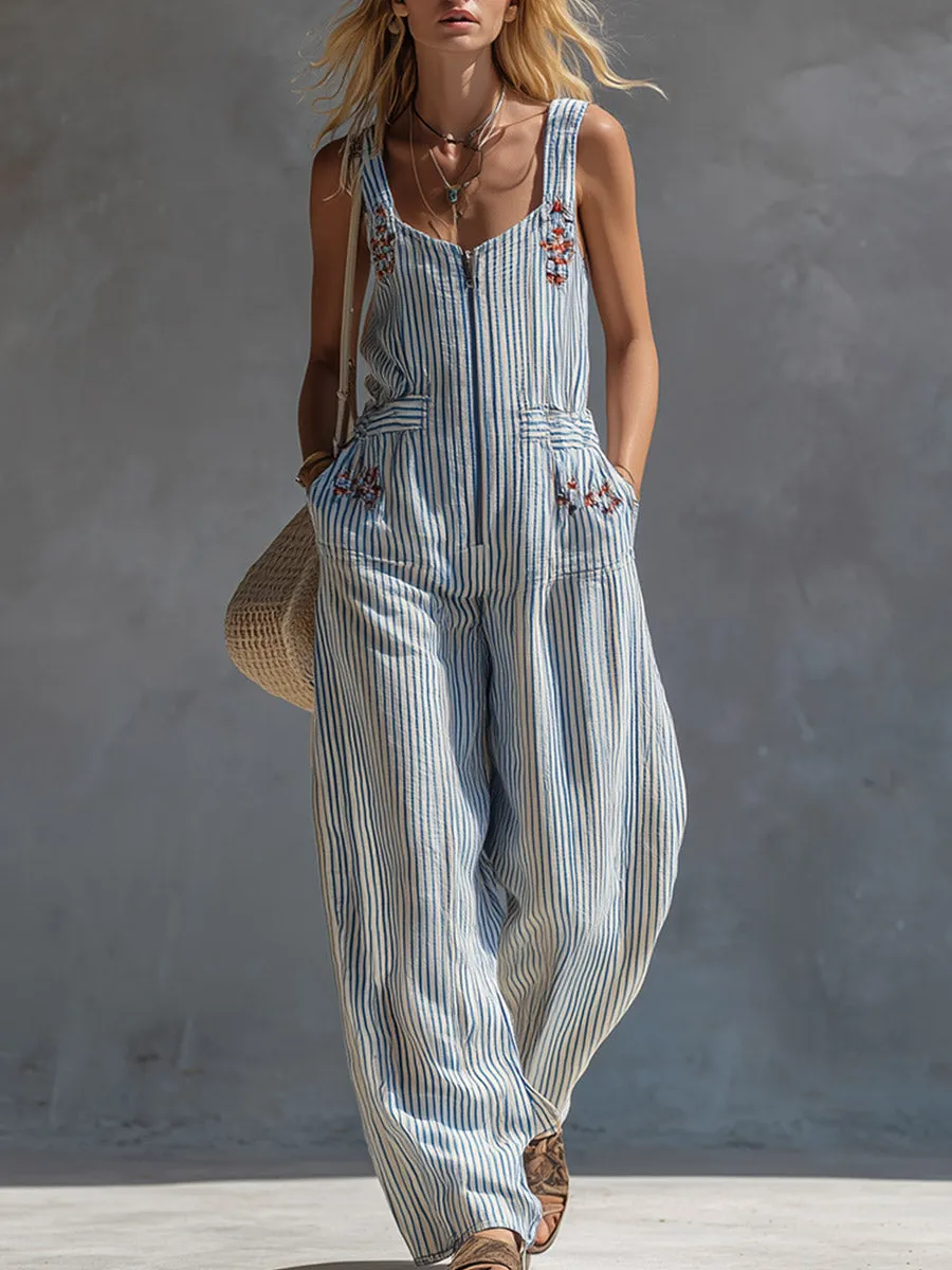 Casual Retro Red-Embroidered Blue-Striped Square-Neck Cotton-Linen Jumpsuit sold by Oyrosy