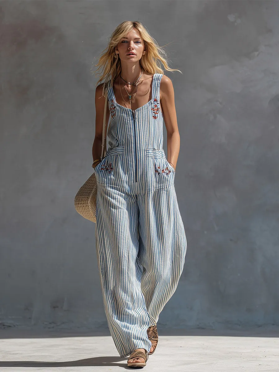 Casual Retro Red-Embroidered Blue-Striped Square-Neck Cotton-Linen Jumpsuit sold by Oyrosy product image thumbnail 2