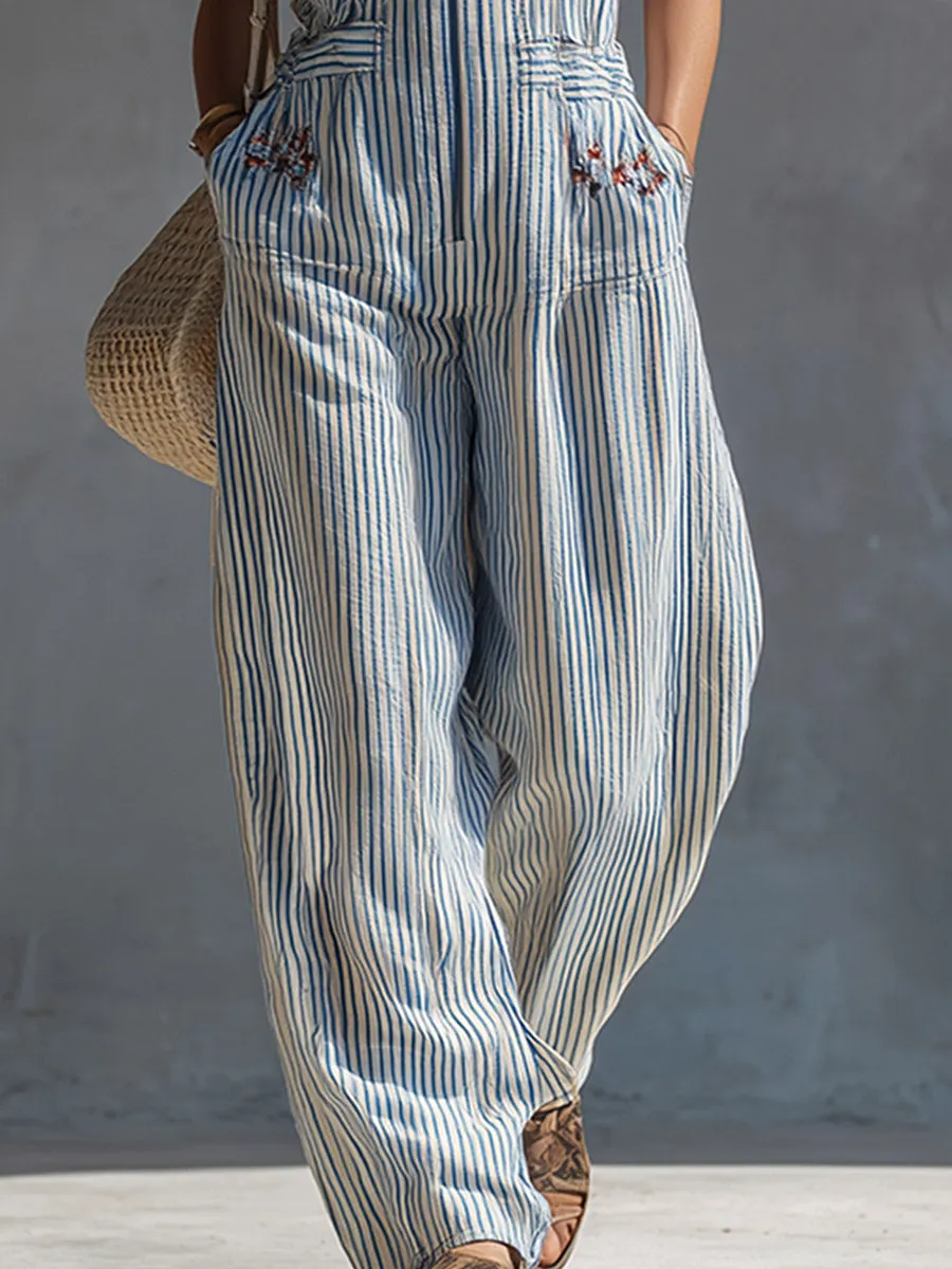 Casual Retro Red-Embroidered Blue-Striped Square-Neck Cotton-Linen Jumpsuit sold by Oyrosy product image thumbnail 4