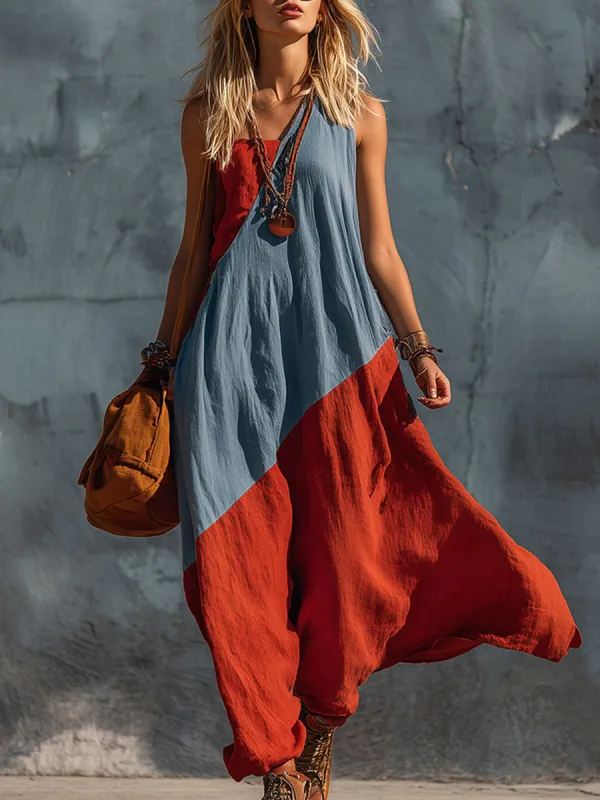Retro Bohemian Blue & Red One-Shoulder Cotton-Linen Maxi Dress made by Oyrosy