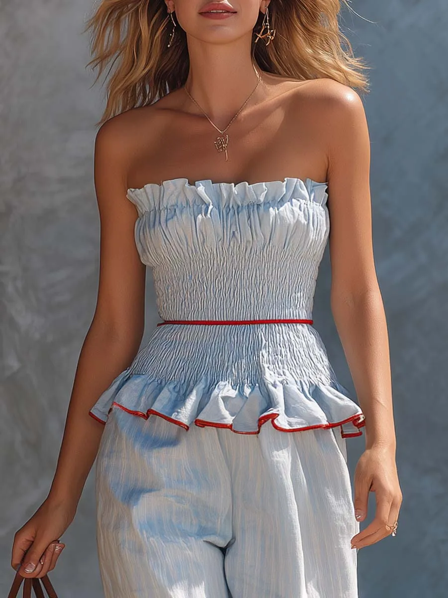 Coastal Resort Light Blue Striped Strapless Top And Trousers Set sold by Oyrosy product image thumbnail 3