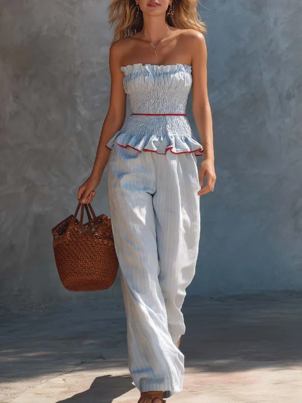 Coastal Resort Light Blue Striped Strapless Top And Trousers Set made by Oyrosy