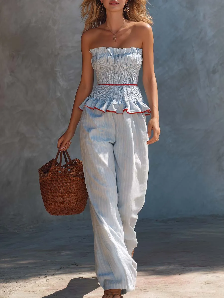Coastal Resort Light Blue Striped Strapless Top And Trousers Set sold by Oyrosy