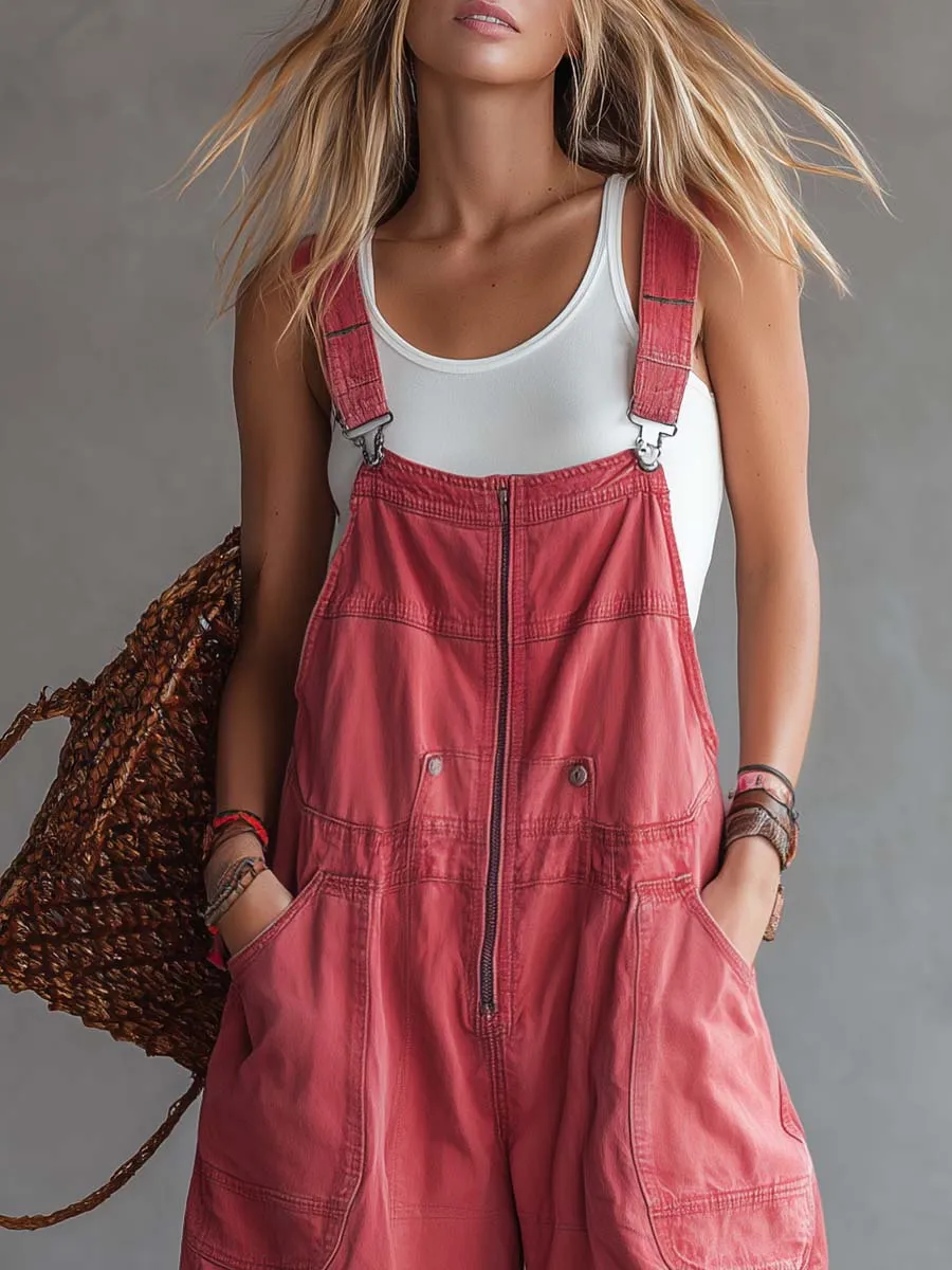 Women's Washed Coral Denim Utility Overalls Jumpsuit sold by Oyrosy product image thumbnail 3