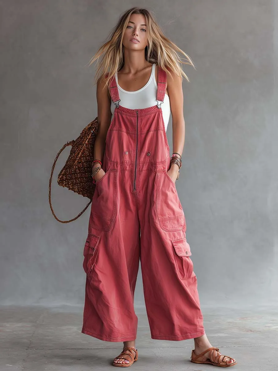 Women's Washed Coral Denim Utility Overalls Jumpsuit sold by Oyrosy product image thumbnail 2