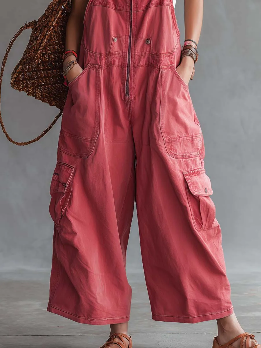 Women's Washed Coral Denim Utility Overalls Jumpsuit sold by Oyrosy product image thumbnail 4