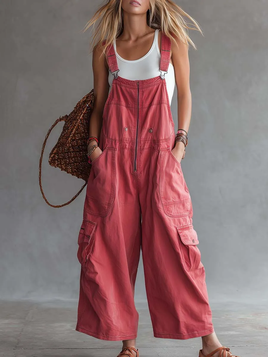 Women's Washed Coral Denim Utility Overalls Jumpsuit sold by Oyrosy