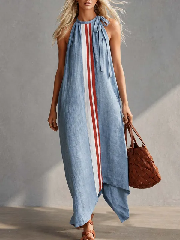 Casual Fashion Round Neck With Ties Contrast Light Blue Cotton-linen Maxi Dress made by Oyrosy