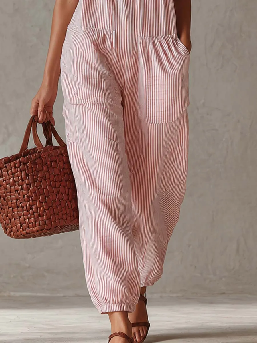 Retro Casual Pink Pinstriped Off-Shoulder Ruffled Jumpsuit sold by Oyrosy product image thumbnail 4
