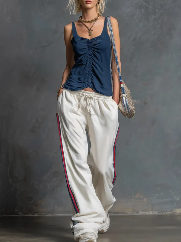 Casual-sporty Navy Blue Pleated Sleeveless Top And White Wide-leg Trousers Set made by Oyrosy