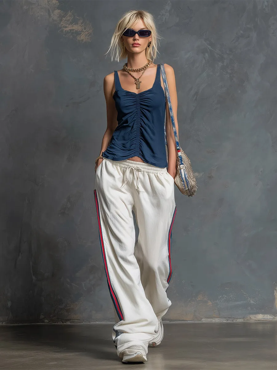 Casual-sporty Navy Blue Pleated Sleeveless Top And White Wide-leg Trousers Set sold by Oyrosy product image thumbnail 2