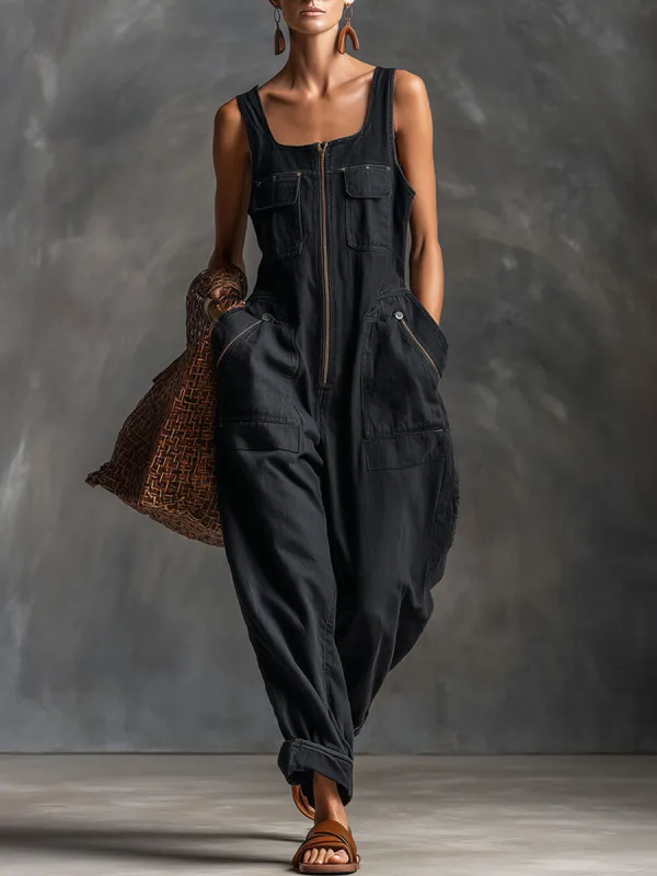 Casual Retro Black Denim Sleeveless Zip-up Jumpsuit made by Oyrosy