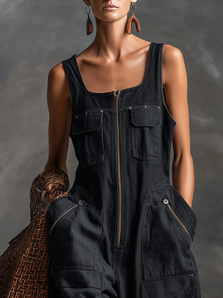 Casual Retro Black Denim Sleeveless Zip-up Jumpsuit sold by Oyrosy product image thumbnail 3