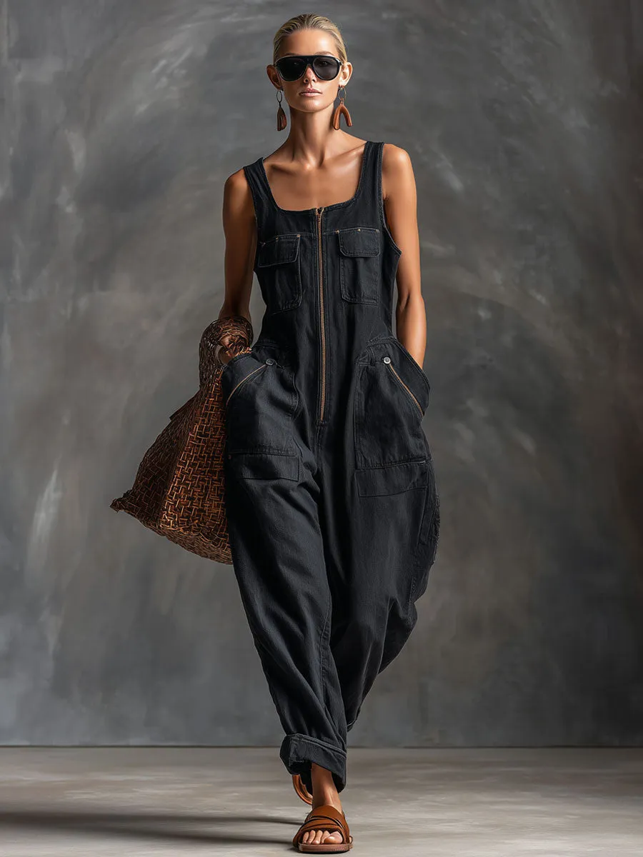 Casual Retro Black Denim Sleeveless Zip-up Jumpsuit sold by Oyrosy product image thumbnail 2