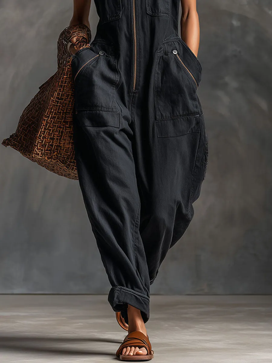 Casual Retro Black Denim Sleeveless Zip-up Jumpsuit sold by Oyrosy product image thumbnail 4