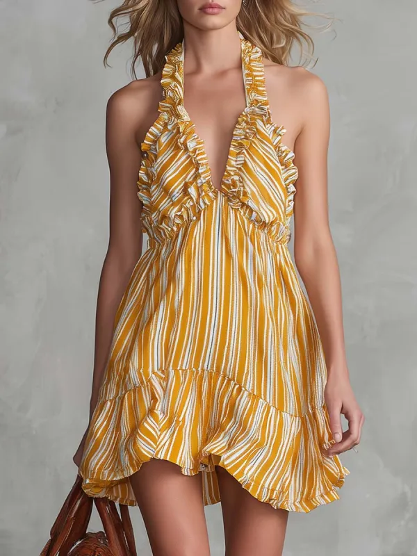 Vintage Vacation Halter-neck V-neck Ruffled Light Yellow Striped Chiffon Mini Dress made by Oyrosy