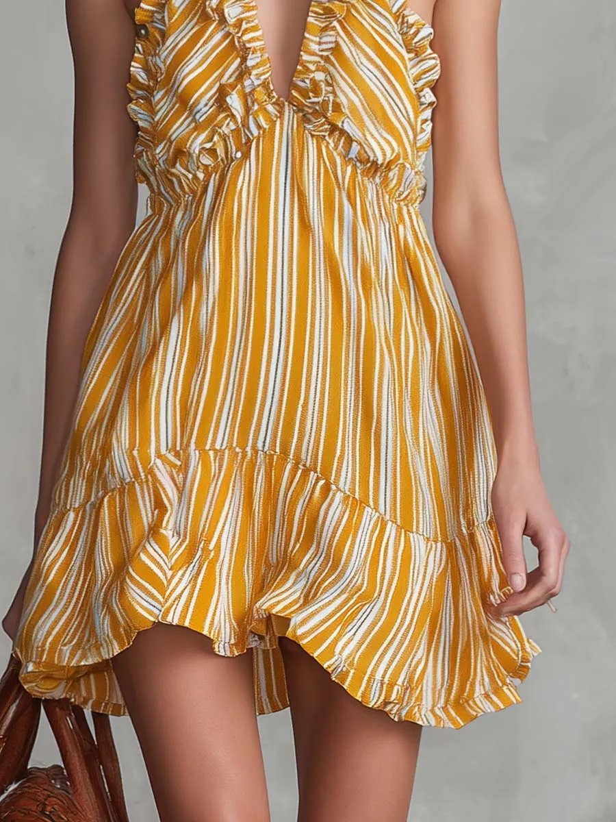 Vintage Vacation Halter-neck V-neck Ruffled Light Yellow Striped Chiffon Mini Dress sold by Oyrosy product image thumbnail 4