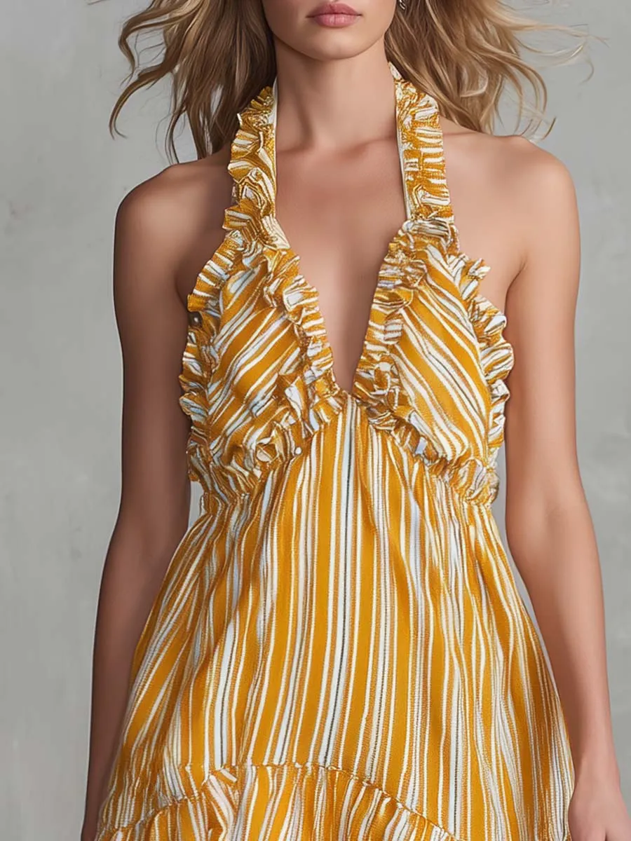 Vintage Vacation Halter-neck V-neck Ruffled Light Yellow Striped Chiffon Mini Dress sold by Oyrosy product image thumbnail 3
