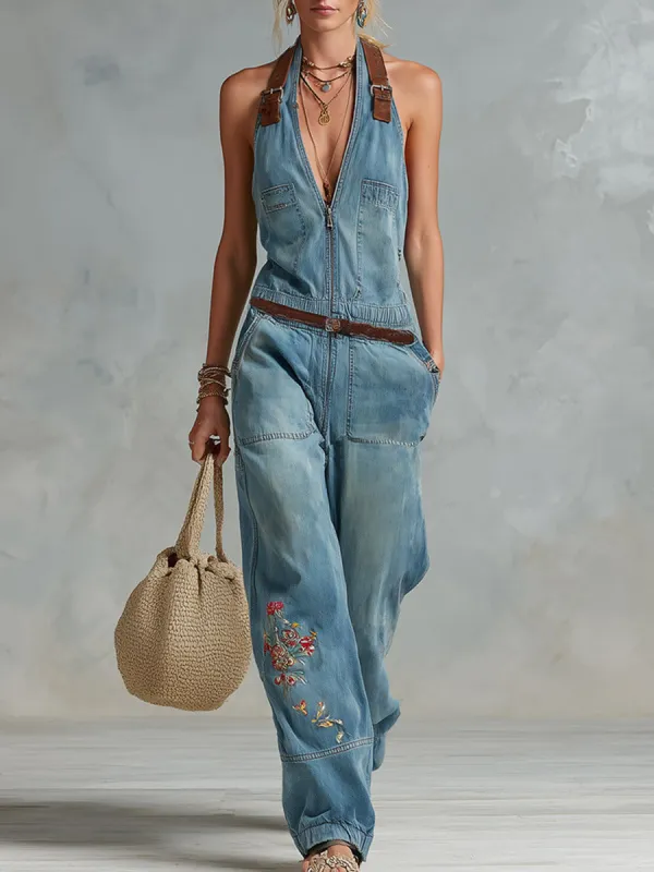 Retro-style PU Shoulder Straps Blue Embroidered Denim Jumpsuit made by Oyrosy