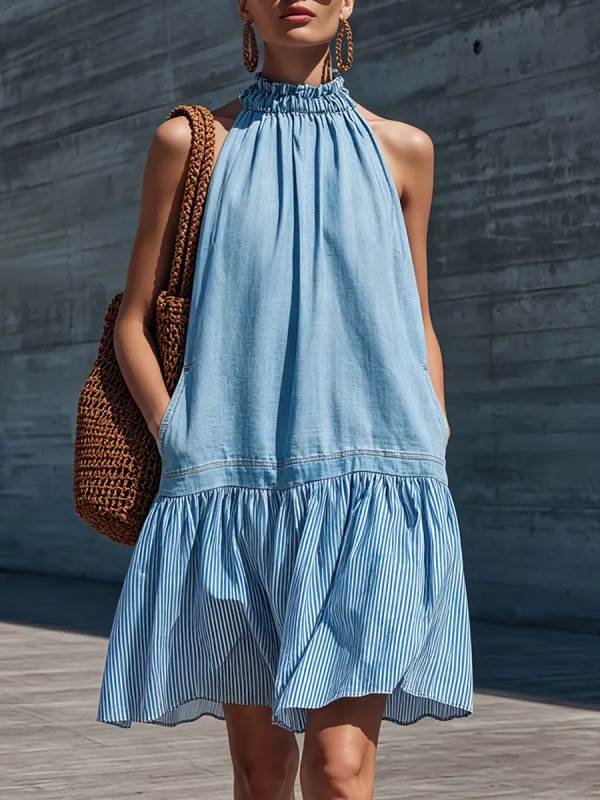 Casual Retro Cotton And Linen Striped Light Blue Denim Sleeveless Mini Dress made by Oyrosy