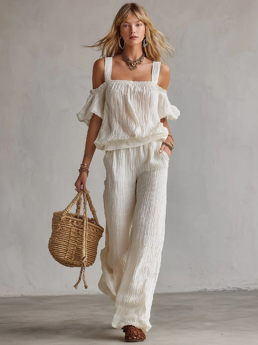 Minimalist Urban White T-Shirt & Wide-Leg Pants Crinkled Cotton-Linen Set sold by Oyrosy product image thumbnail 2