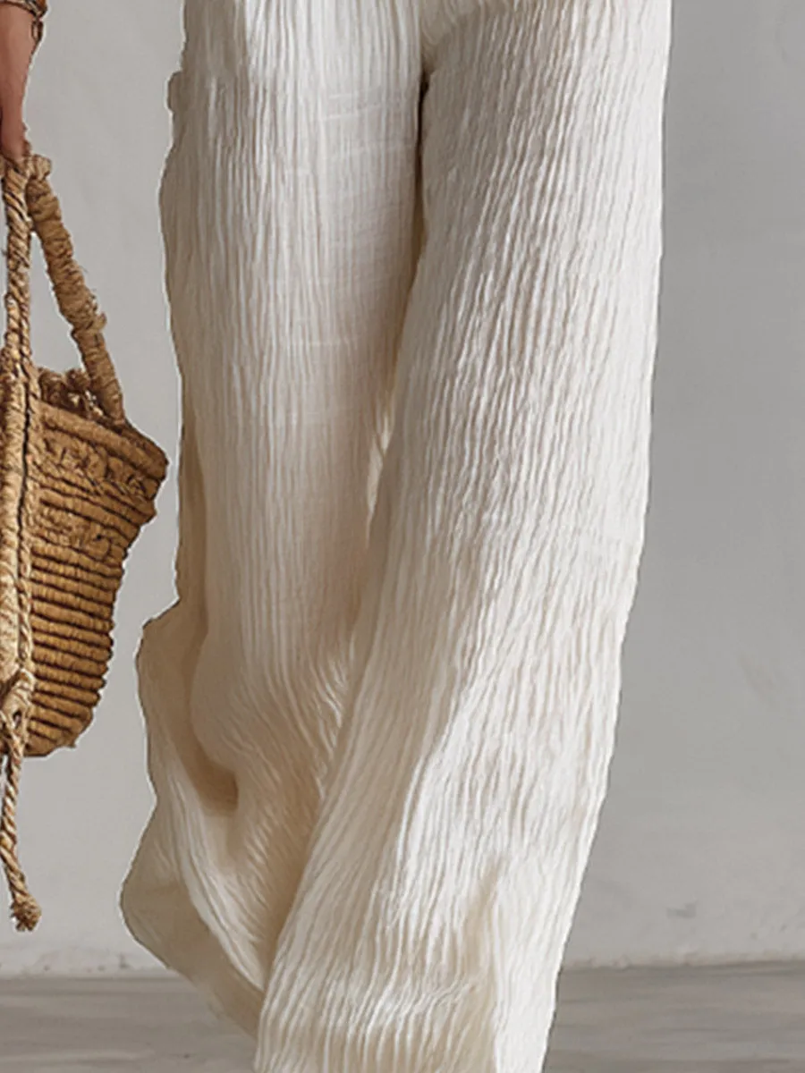 Minimalist Urban White T-Shirt & Wide-Leg Pants Crinkled Cotton-Linen Set sold by Oyrosy product image thumbnail 4