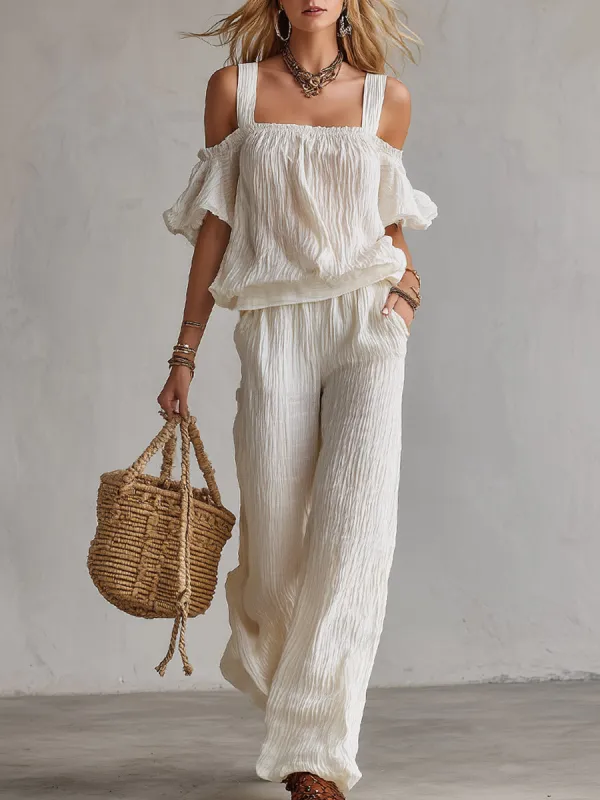 Minimalist Urban White T-Shirt & Wide-Leg Pants Crinkled Cotton-Linen Set made by Oyrosy
