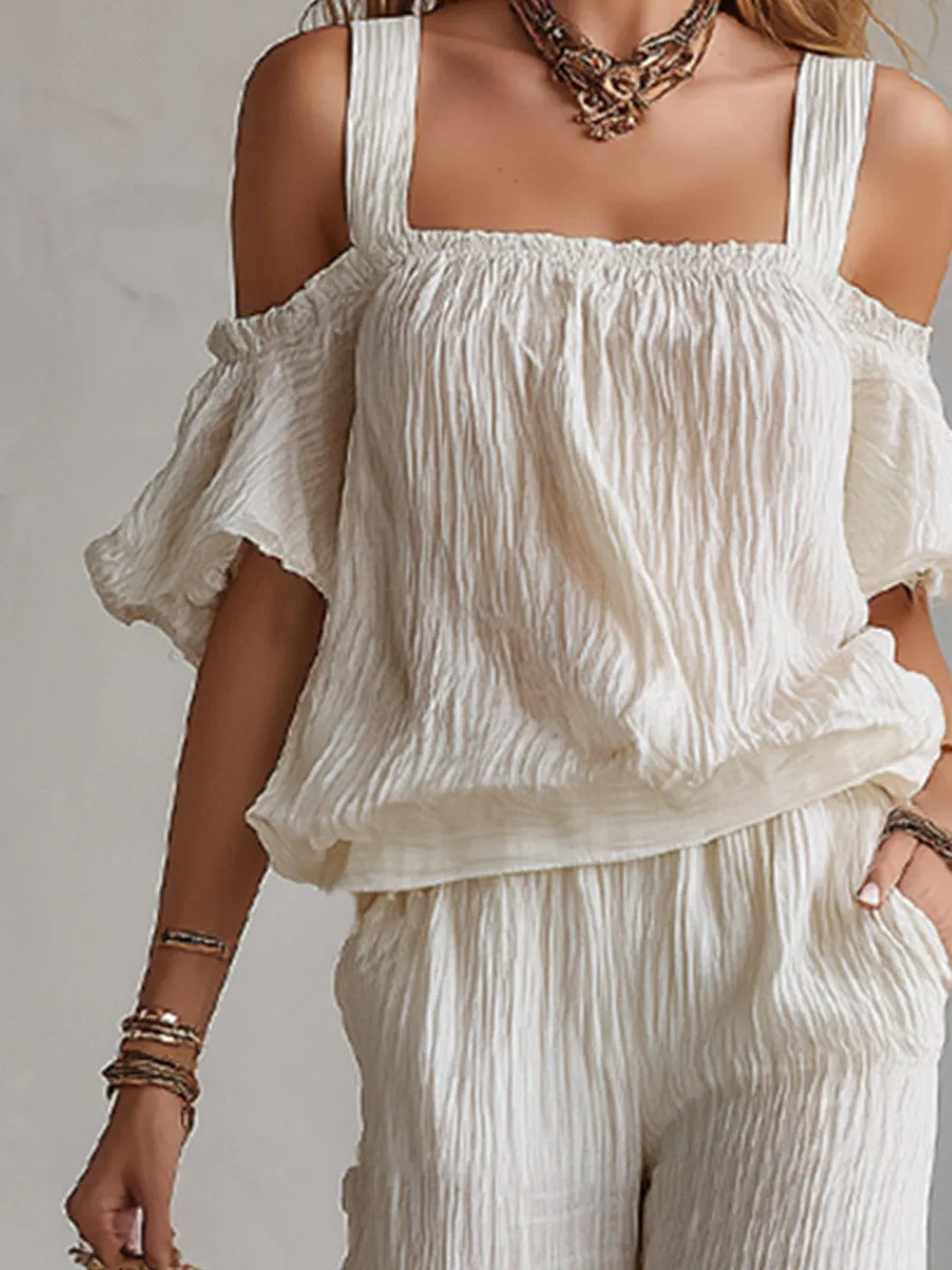 Minimalist Urban White T-Shirt & Wide-Leg Pants Crinkled Cotton-Linen Set sold by Oyrosy product image thumbnail 3