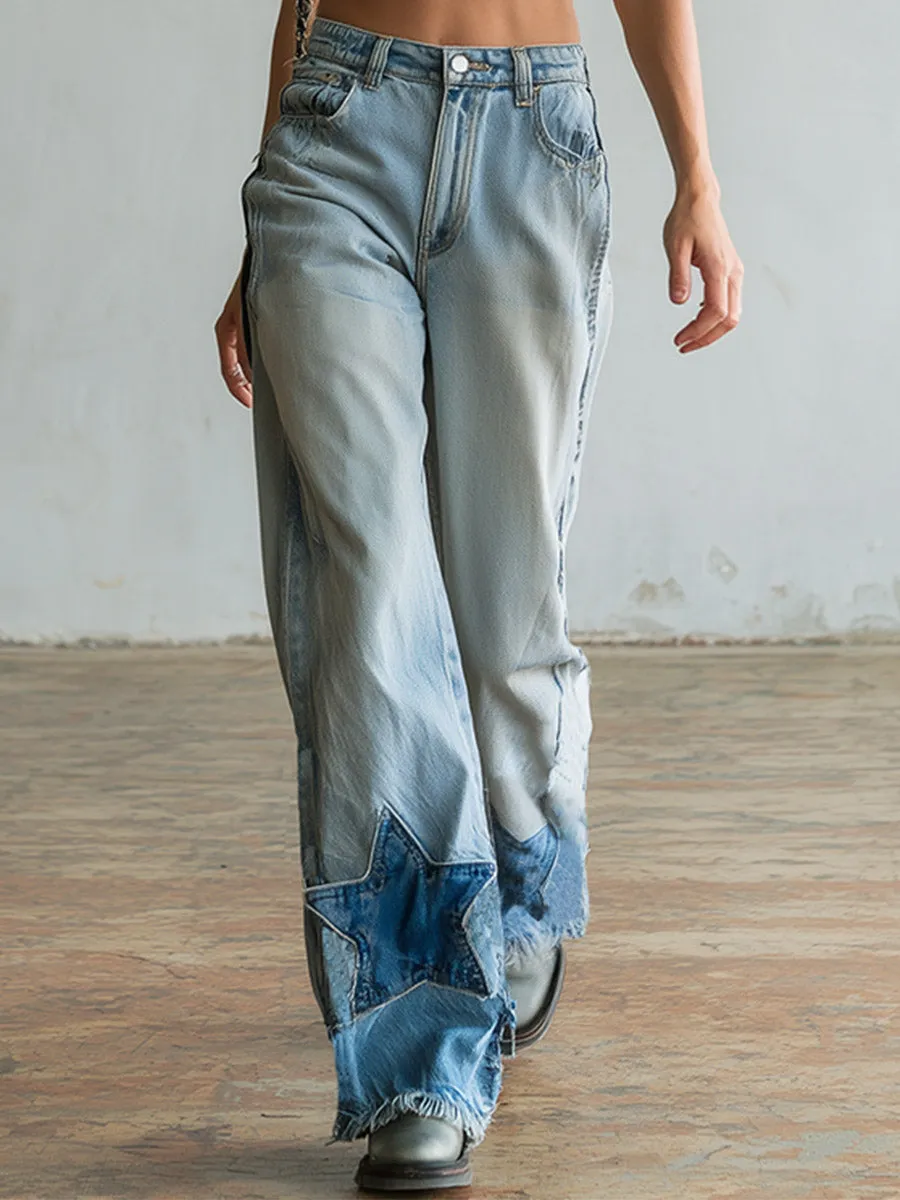 Casual Stylish Star-Patterned Light Blue Wide-Leg Jeans sold by Oyrosy