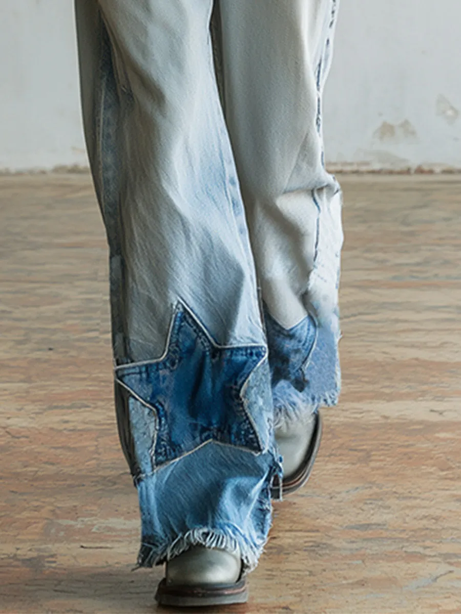 Casual Stylish Star-Patterned Light Blue Wide-Leg Jeans sold by Oyrosy product image thumbnail 4