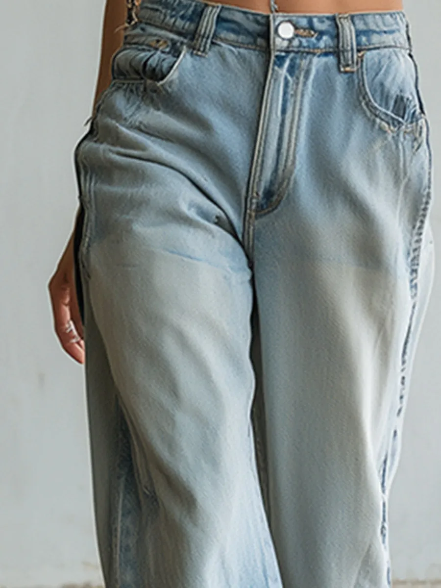 Casual Stylish Star-Patterned Light Blue Wide-Leg Jeans sold by Oyrosy product image thumbnail 3