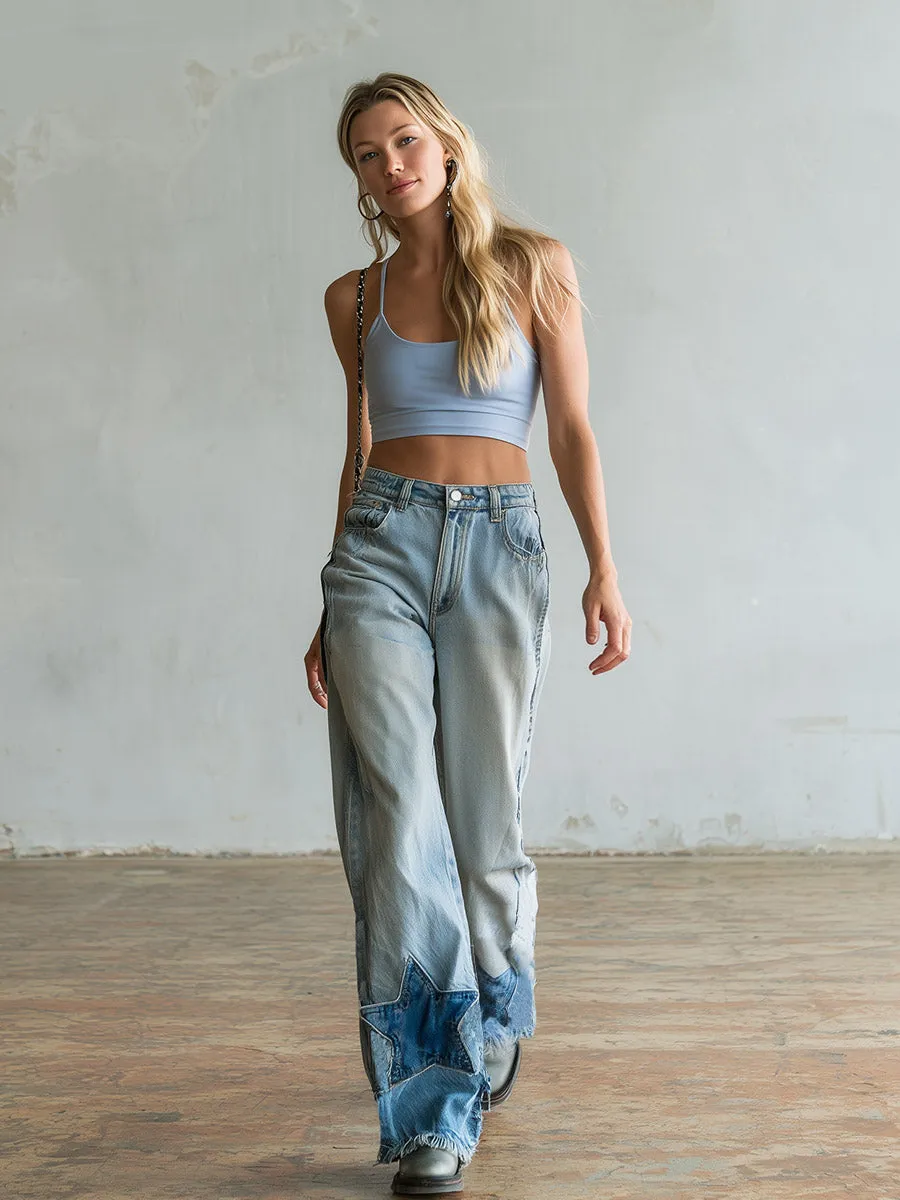 Casual Stylish Star-Patterned Light Blue Wide-Leg Jeans sold by Oyrosy product image thumbnail 2