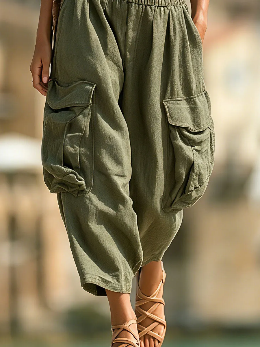 Casual Retro Striped Strapless Top And Green Cotton Linen Capri Pants Set sold by Oyrosy product image thumbnail 3