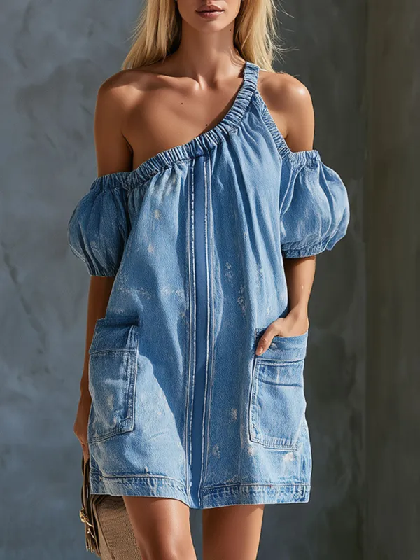 Casual Retro Blue Off-shoulder Puff Sleeve Denim Mini Dress made by Oyrosy