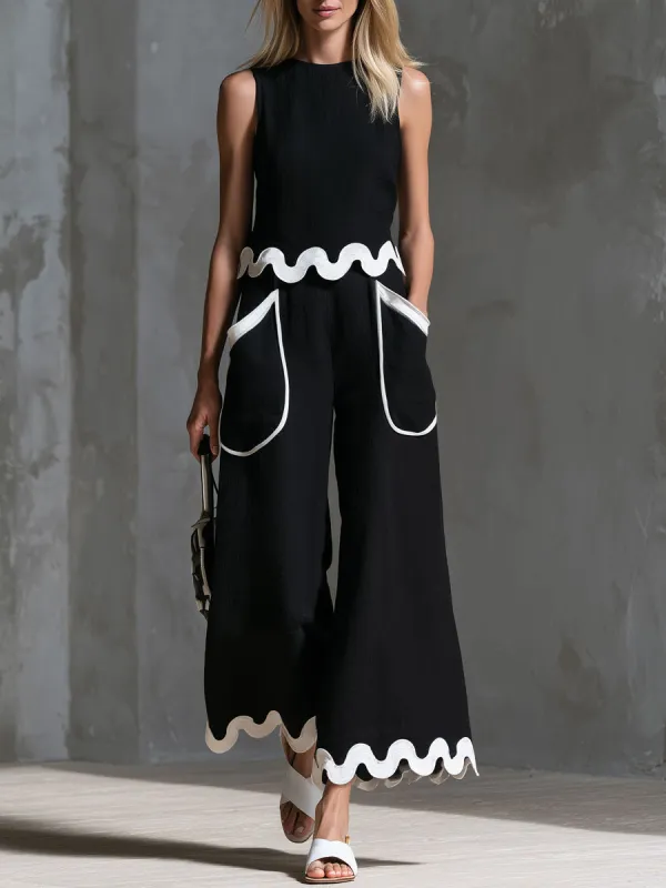 Retro Color-blocked Wavy-trimmed Black Sleeveless Cotton-linen Top And Pants Set made by Oyrosy
