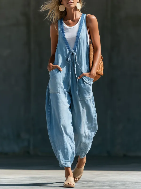 Fashionable Retro V-neck Lace-up Sleeveless Light Blue Denim Jumpsuit made by Oyrosy
