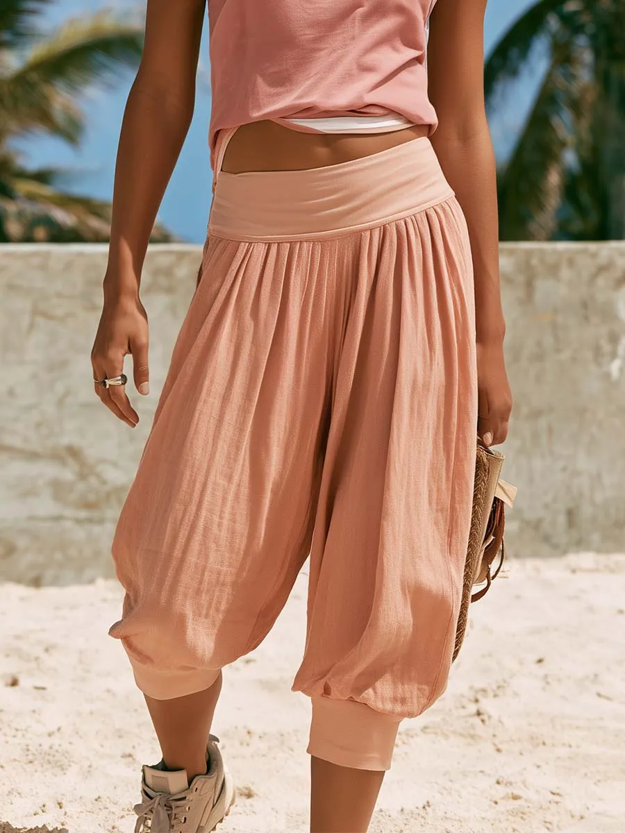 Casual Fashion Pink Cotton Crew-neck Top And Cotton-linen Lantern Pant Set sold by Oyrosy product image thumbnail 4